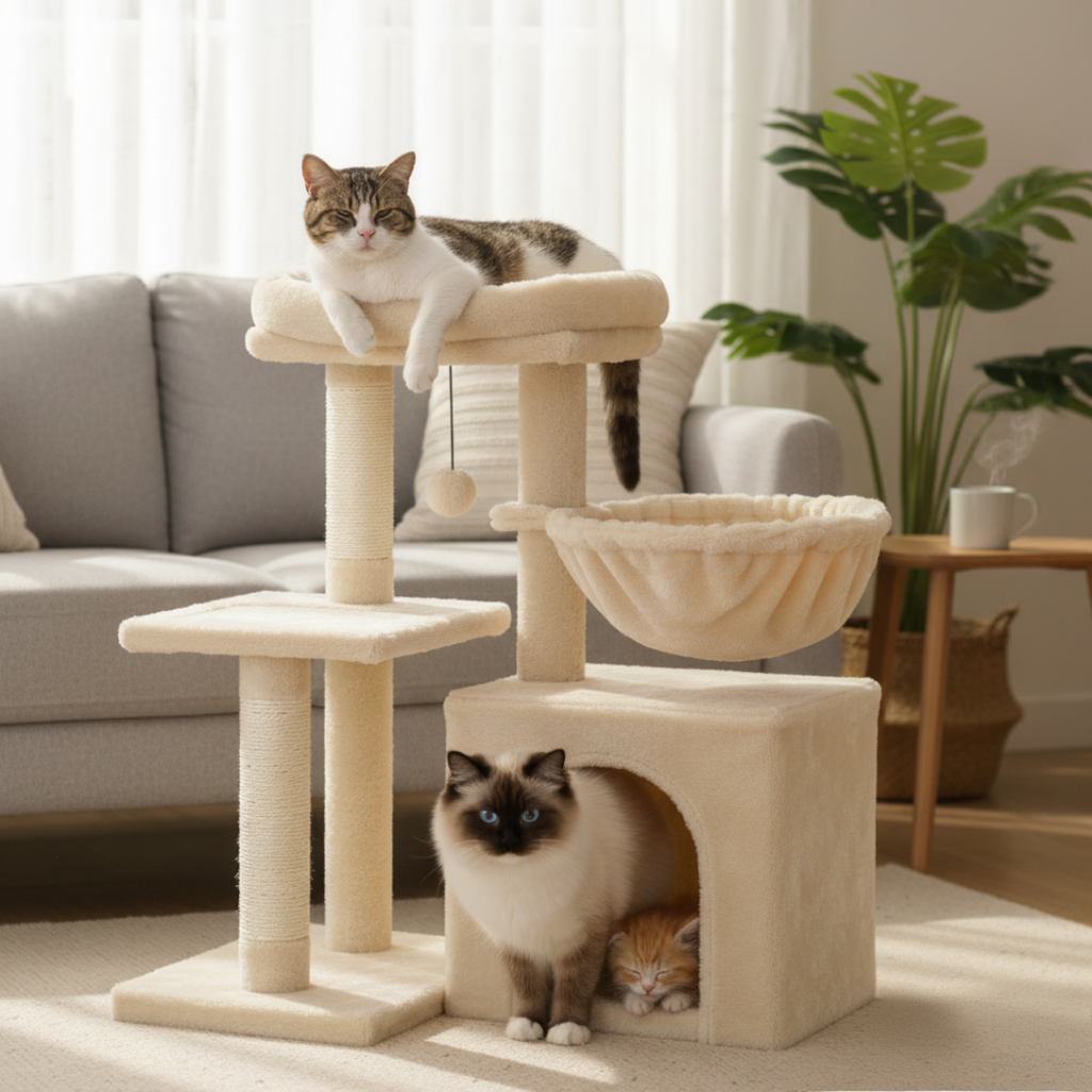 arbre-a-chat-design-72cm-le-meuble-cocon-junior-avec-niche-et-panier-beige-salon