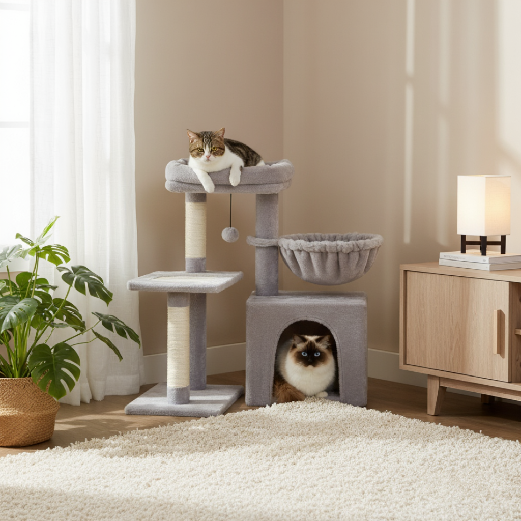 arbre-a-chat-design-72cm-le-meuble-cocon-junior-avec-niche-et-panier-gris-niche