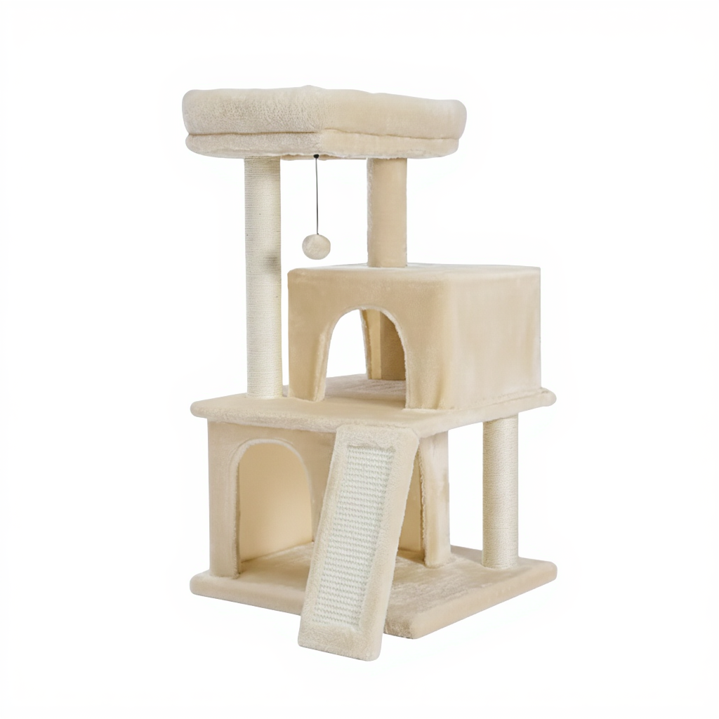 arbre-a-chat-design-85cm-le-duplex-felin-a-doubles-niches-et-rampe-beige