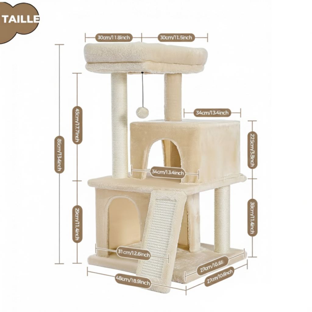 arbre-a-chat-design-85cm-le-duplex-felin-a-doubles-niches-et-rampe-dimensions