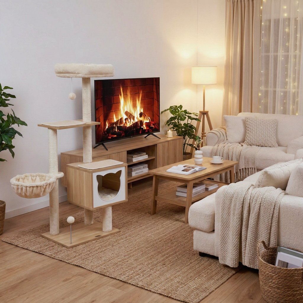 arbre-a-chat-en-bois-126cm-le-meuble-cocoon-avec-niche-tete-de-chat-lieu-de-vie