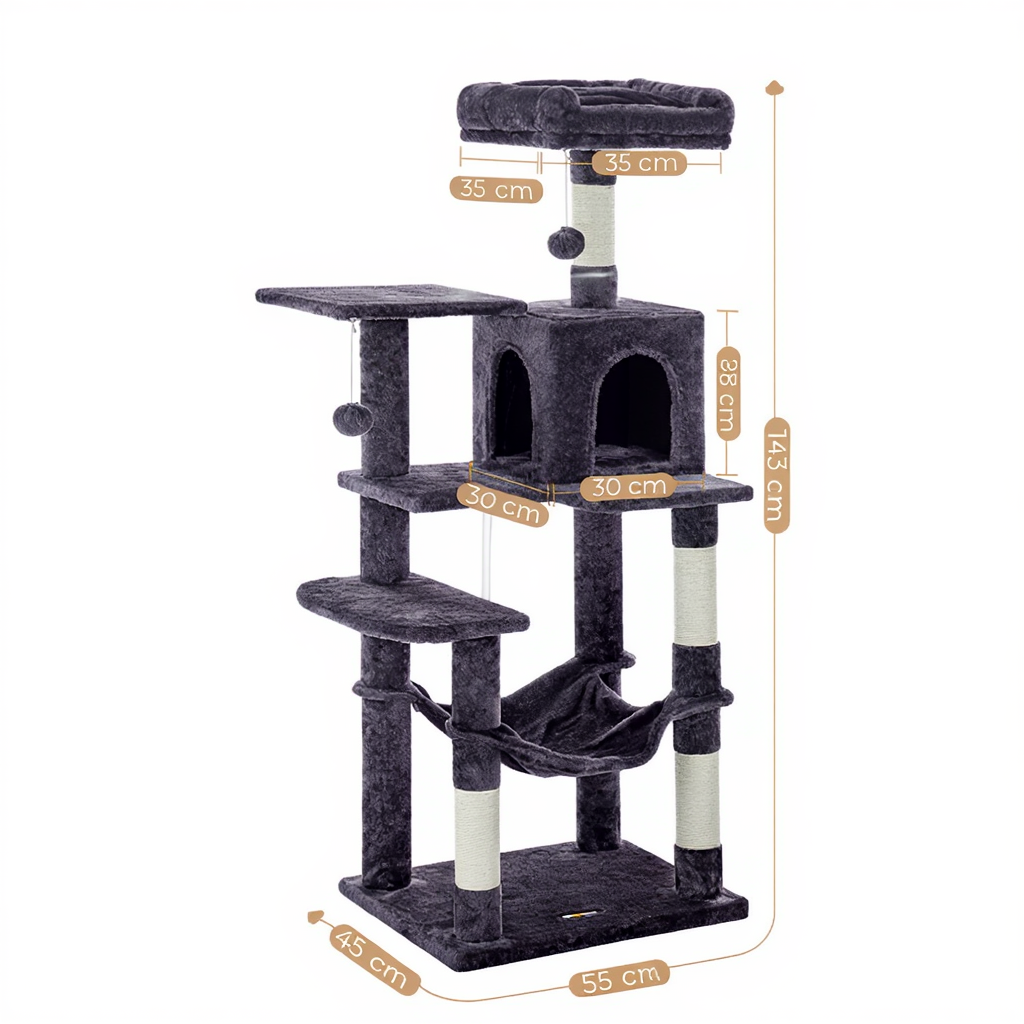 arbre-a-chat-maine-coon-design-143cm-le-refuge-cosy-xxl-avec-hamac-noir-dimensions