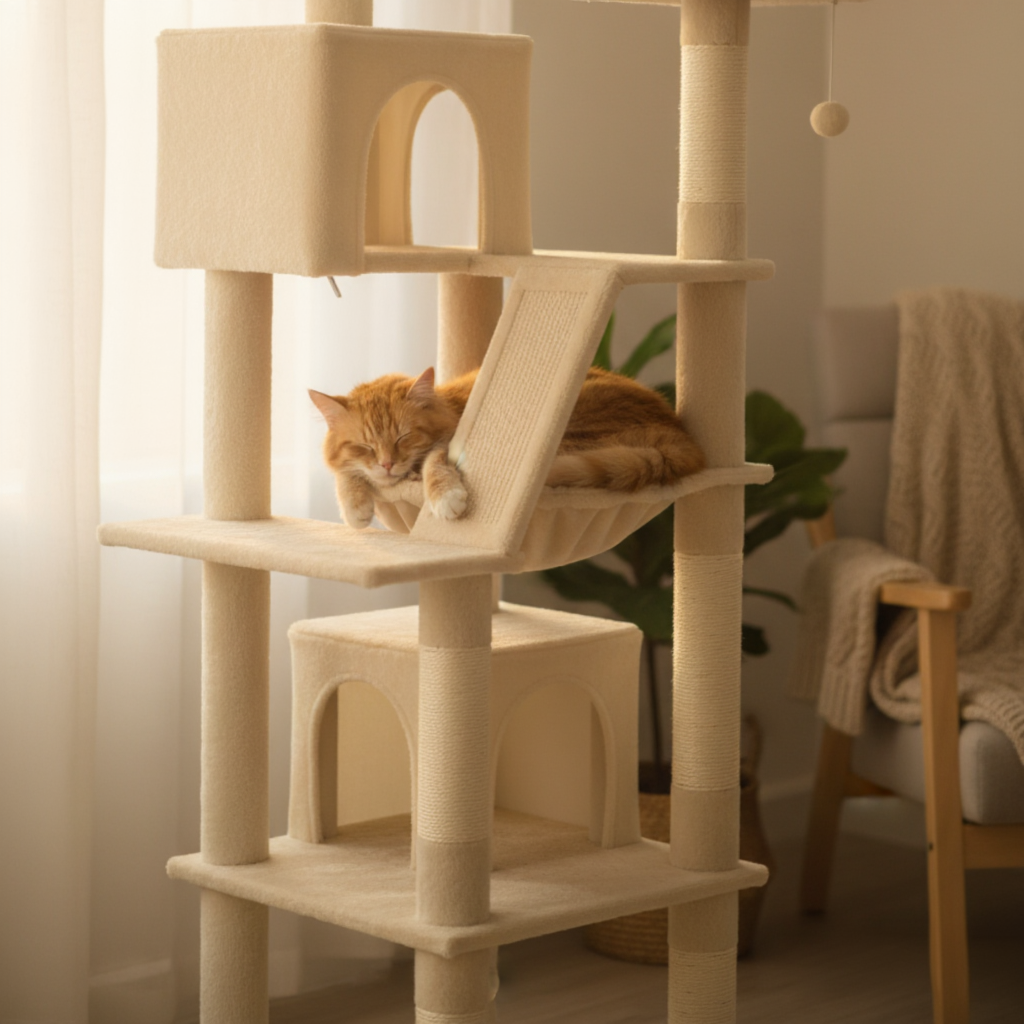 arbre-a-chat-maine-coon-design-180cm-le-refuge-duo-a-doubles-niches-beige-chat-qui-dort-dans-le-hamac
