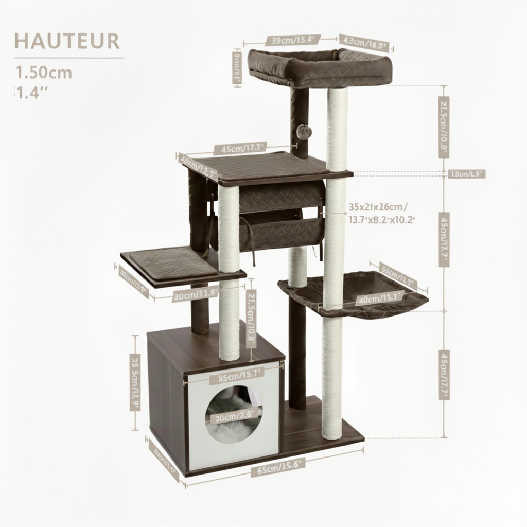 arbre-a-chat-maine-coon-en-bois-150cm-le-cocon-avec-2-hamacs-dimensions