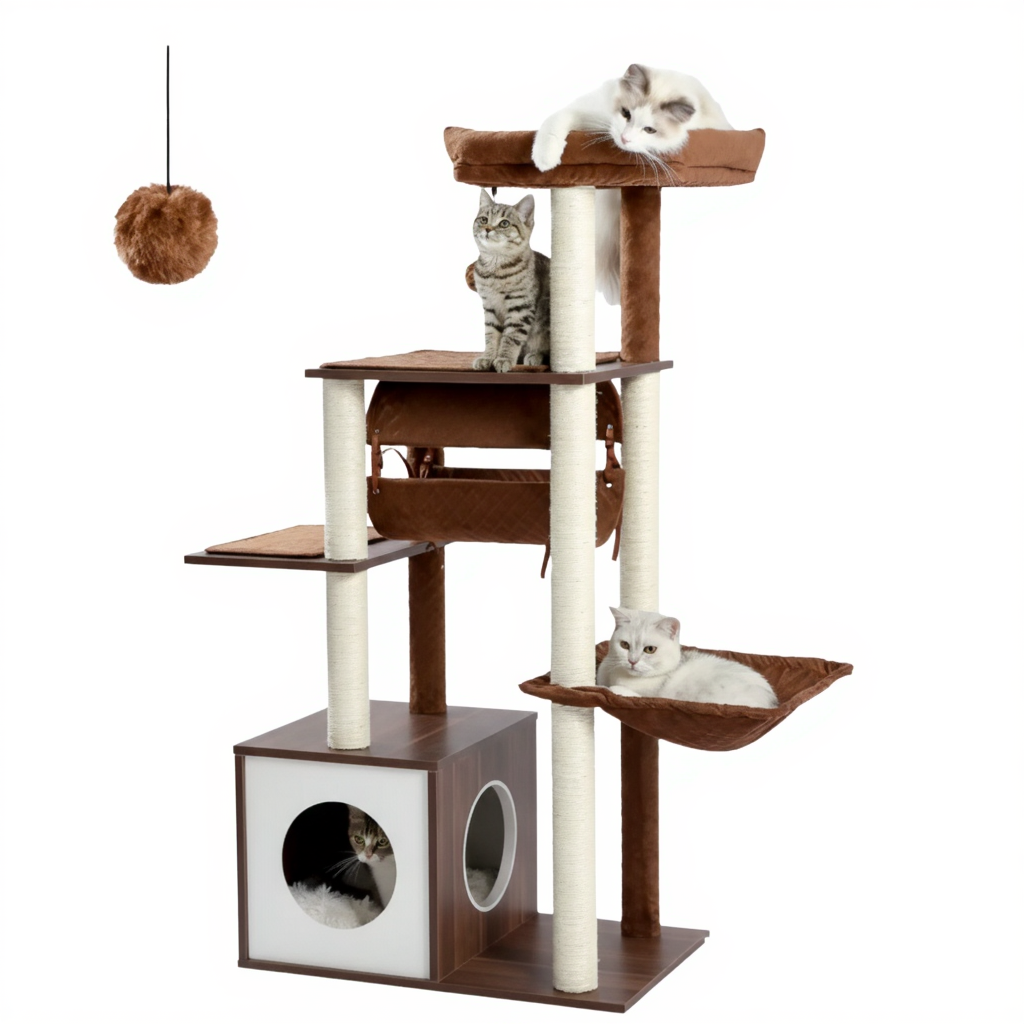 arbre-a-chat-maine-coon-en-bois-150cm-le-cocon-avec-2-hamacs-marron