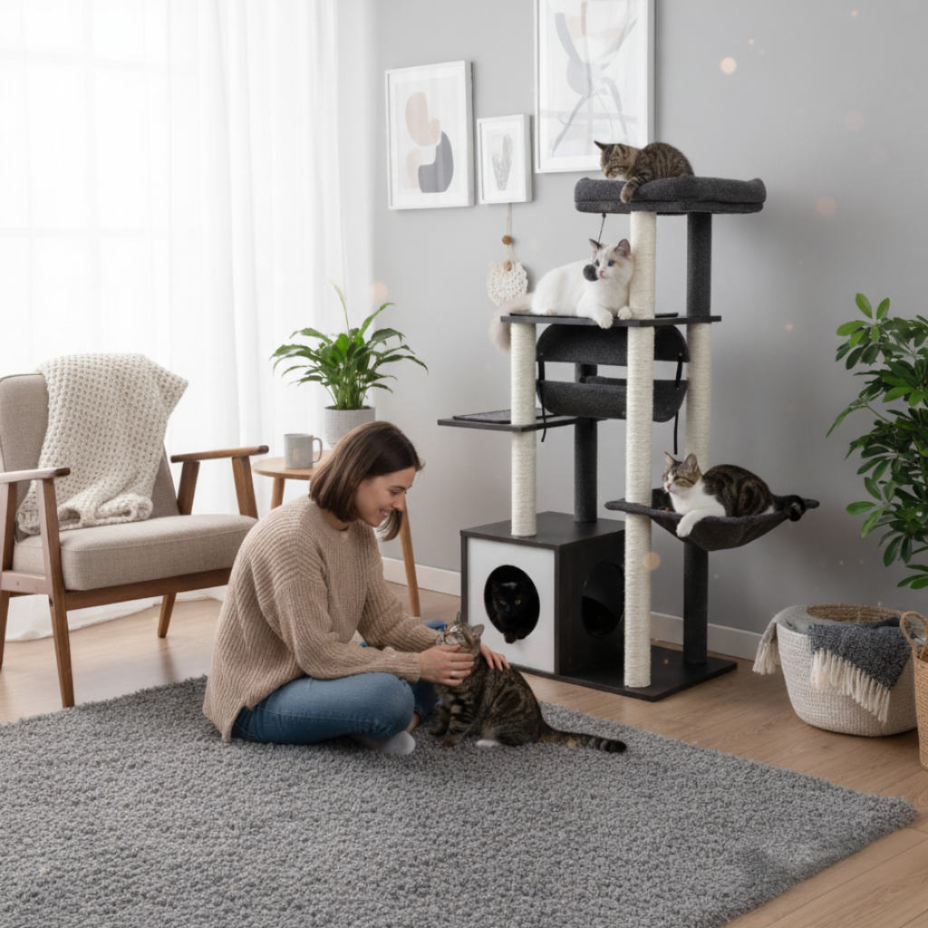 arbre-a-chat-maine-coon-en-bois-150cm-le-cocon-avec-2-hamacs-noir-chat-qui-samusent-2