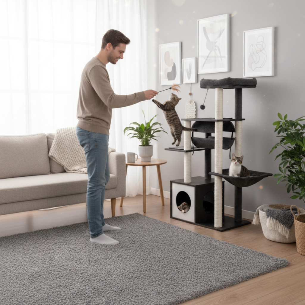 arbre-a-chat-maine-coon-en-bois-150cm-le-cocon-avec-2-hamacs-noir-chat-qui-samusent