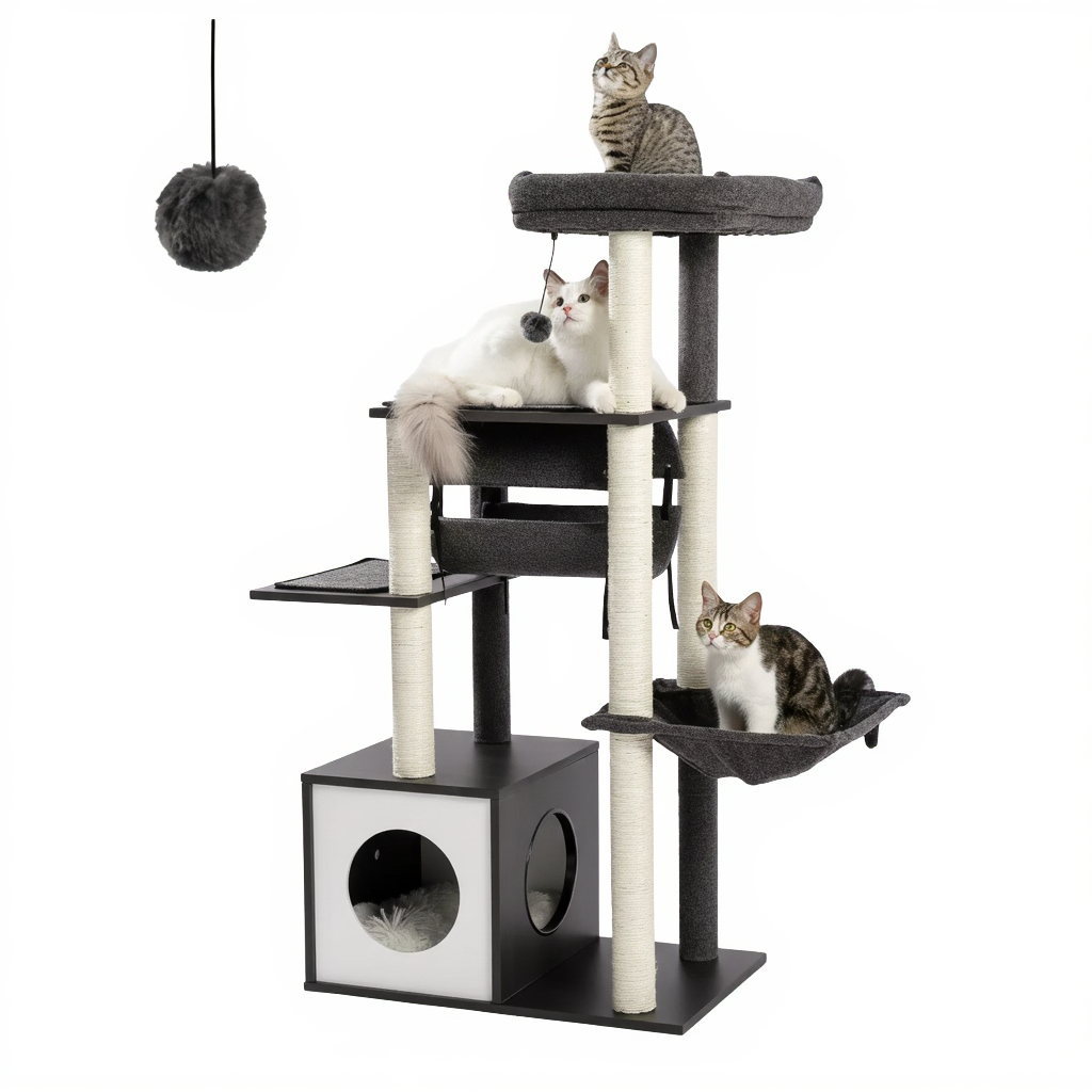 arbre-a-chat-maine-coon-en-bois-150cm-le-cocon-avec-2-hamacs-noir