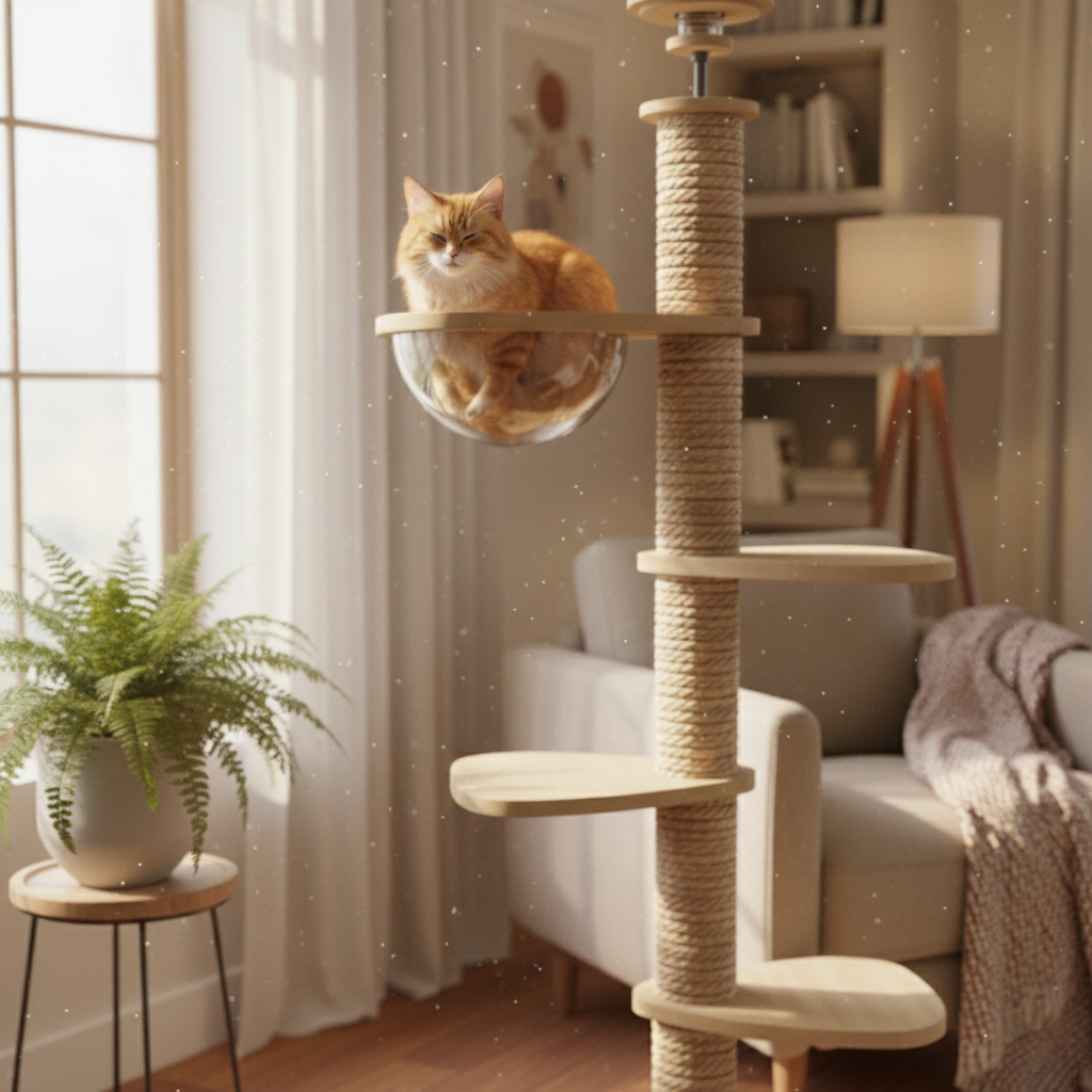 arbre-a-chat-maine-coon-en-bois-270cm-skyluxe-sol-plafond-avec-bulle-chat-dans-la-bulle