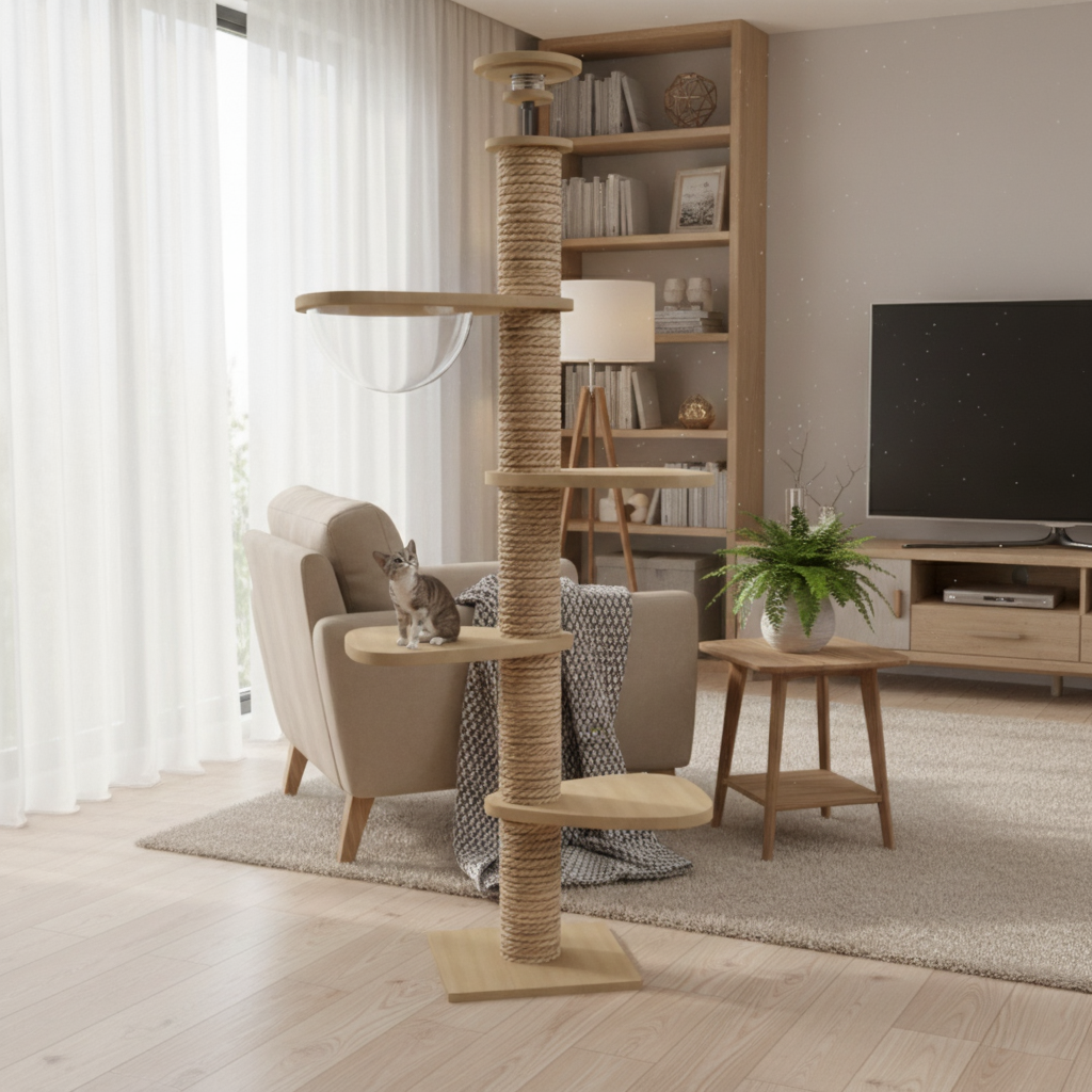 arbre-a-chat-maine-coon-en-bois-270cm-skyluxe-sol-plafond-avec-bulle-salon