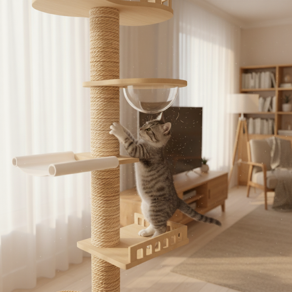 arbre-a-chat-maine-coon-en-bois-270cm-skyview-sol-plafond-avec-bulle-chat-qui-griffe