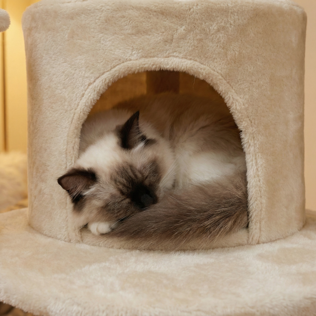 arbre-a-chat-maine-coon-sol-plafond-258cm-pillier-royal-avec-bulle-chat-qui-dort