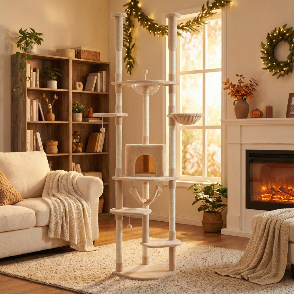 arbre-a-chat-maine-coon-sol-plafond-258cm-pillier-royal-avec-bulle-salon