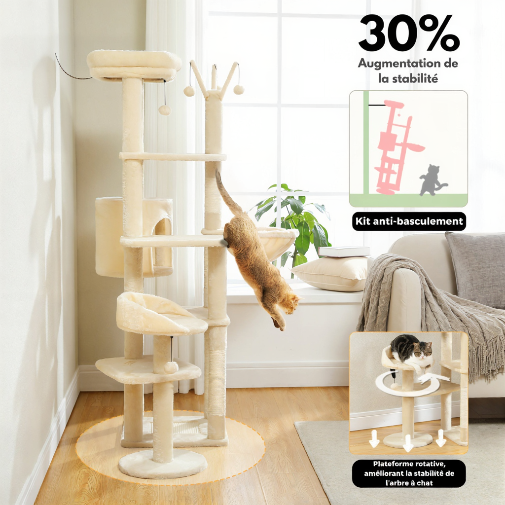 Arbre à Chat 150 cm Multi-Niveaux pour Maine Coon avec Hamac et Niche
