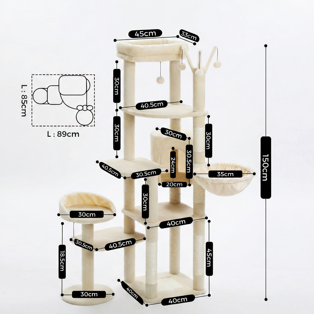 Arbre à Chat 150 cm Multi-Niveaux pour Maine Coon avec Hamac et Niche
