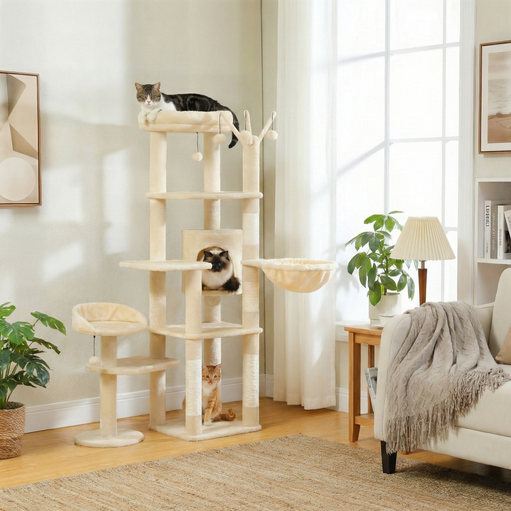 Arbre à Chat 150 cm Multi-Niveaux pour Maine Coon avec Hamac et Niche