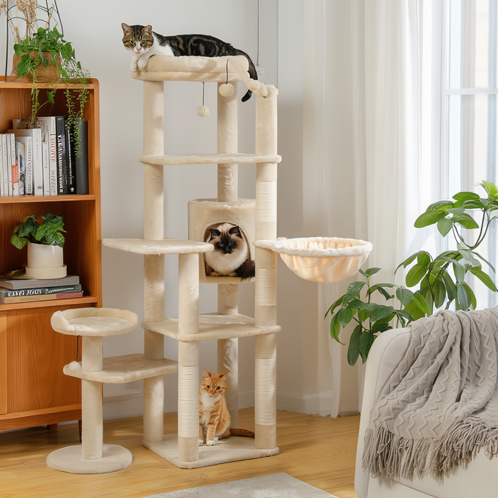 Arbre à Chat 150 cm Multi-Niveaux pour Maine Coon avec Hamac et Niche
