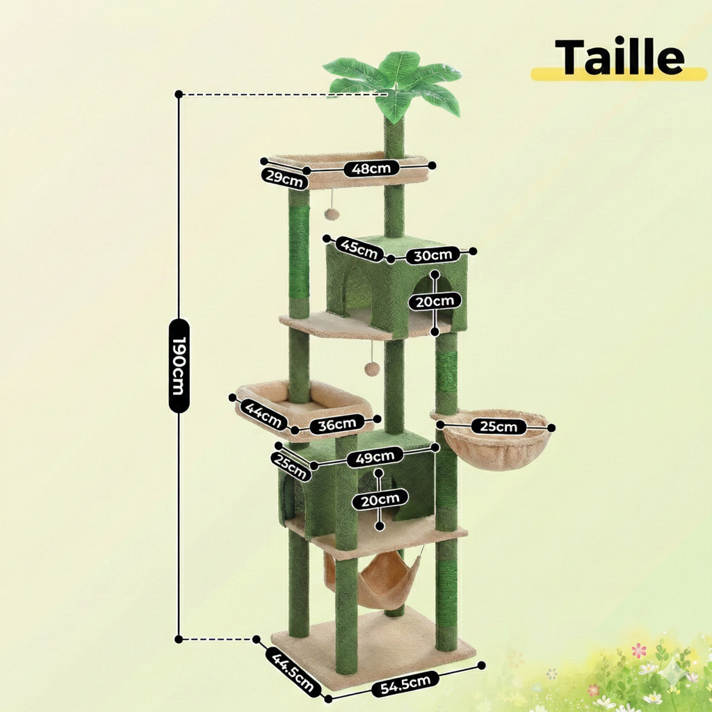 Arbre à Chat Géant 190 cm pour Maine Coon avec 2 Niches et Hamacs
