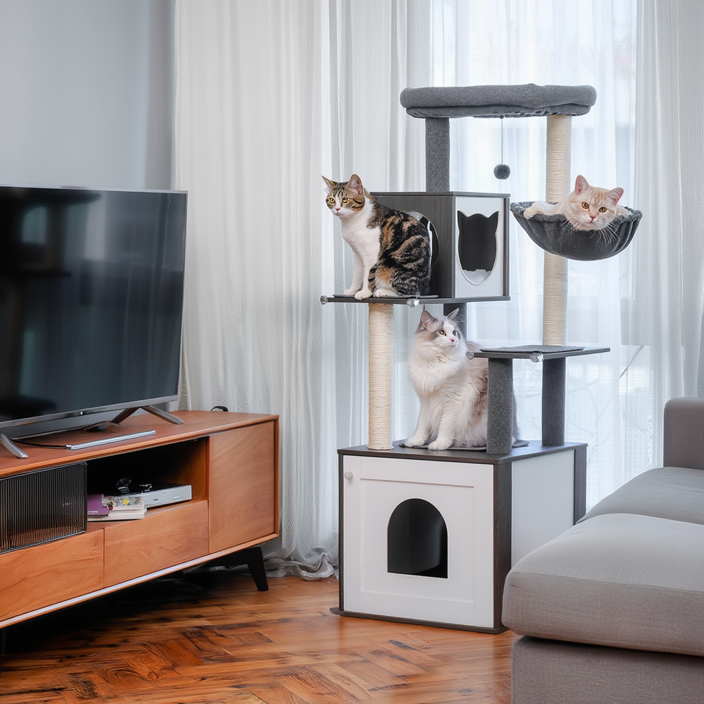 Arbre à Chat Maine Coon en Bois avec Meuble Cache-Litière Intégré