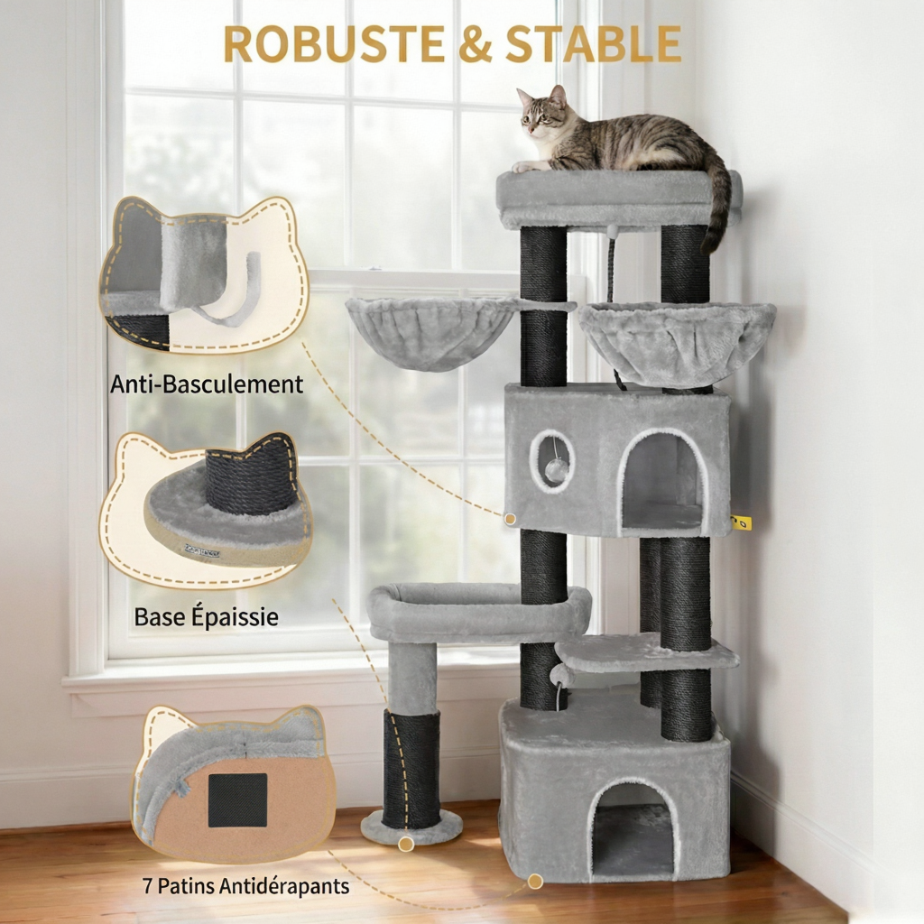 Grand Arbre à Chat 163 cm Maine Coon - Poteaux Sisal et Doubles Niches