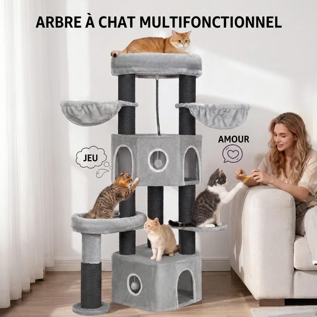 Grand Arbre à Chat 163 cm Maine Coon - Poteaux Sisal et Doubles Niches