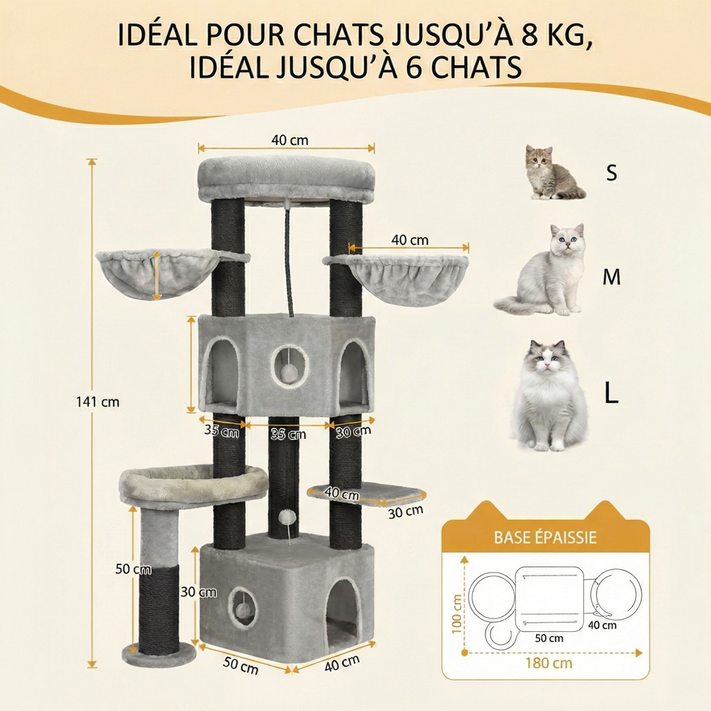 Grand Arbre à Chat 163 cm Maine Coon - Poteaux Sisal et Doubles Niches