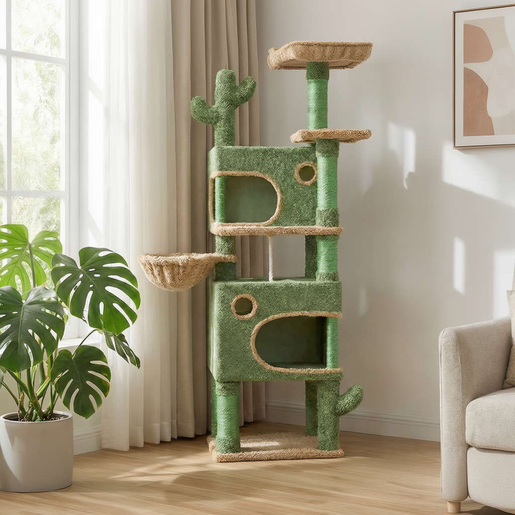 Grand Arbre à Chat Cactus 165 cm pour Maine Coon avec Niches et Panier